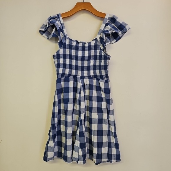 Old Navy Blue & White Gingham Dress Size S Smocked Flutter Sleeve Cottagecore - Picture 2 of 7